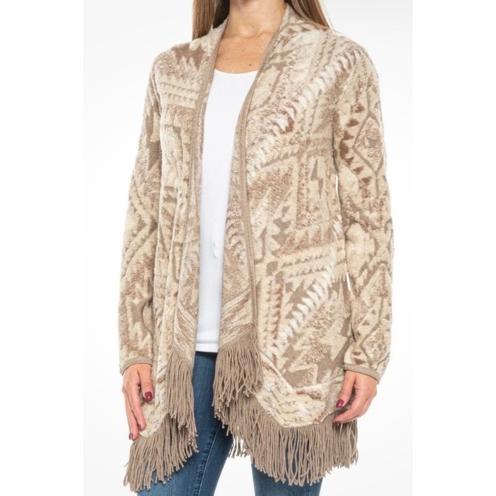 Lucky Brand Womens Southwestern Fringe‎ Open Front Cardigan Tan Brown XS